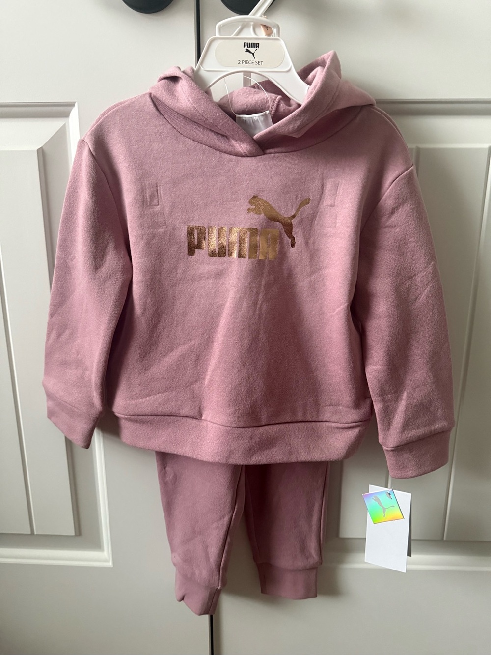 Puma Pink Girls Hoodie and Joggers Matching Set with Rose Gold Logo